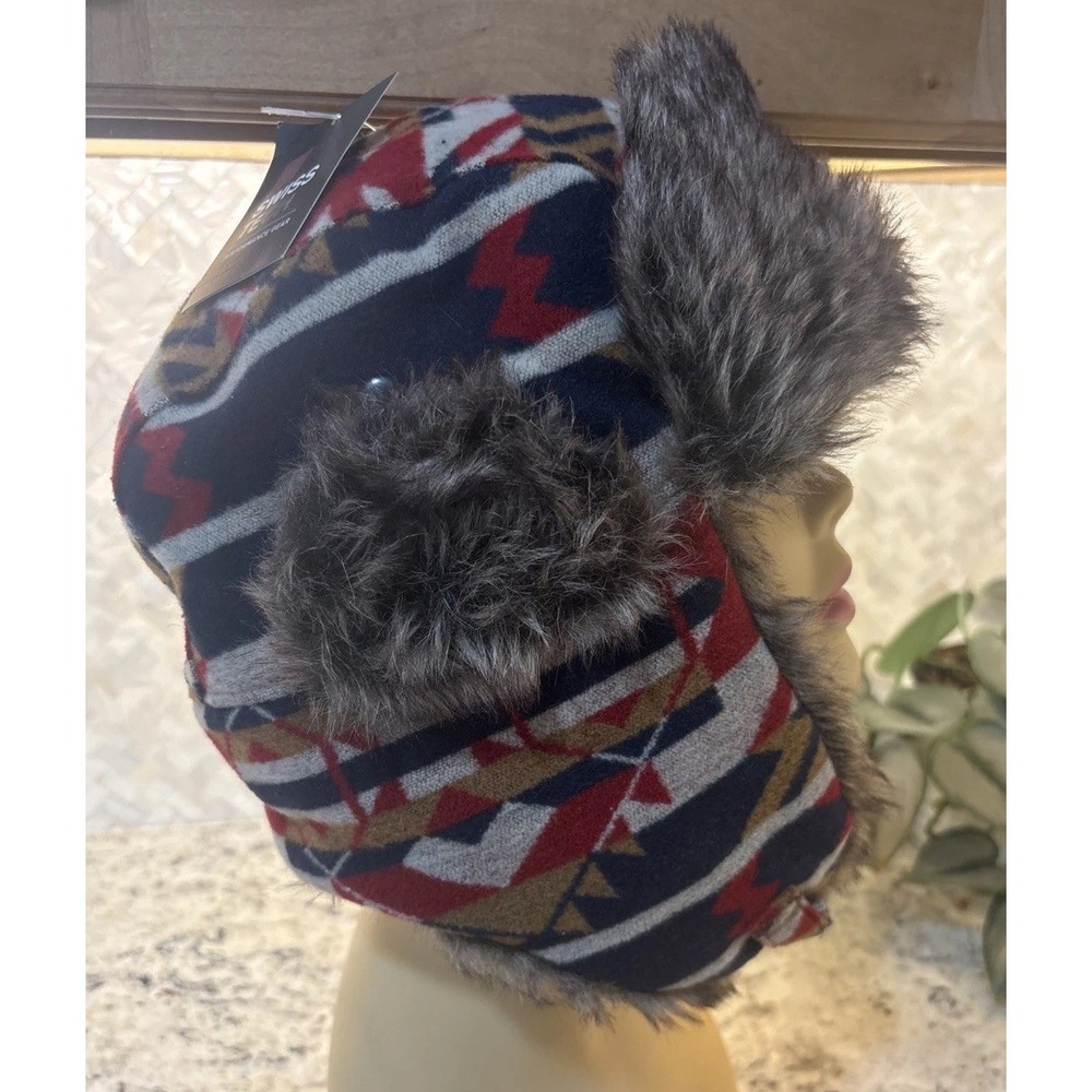 Swiss Tech Trapper Hat OSFM Faux Fur Lined Aztec Southwest Winter Aviator Cap‎